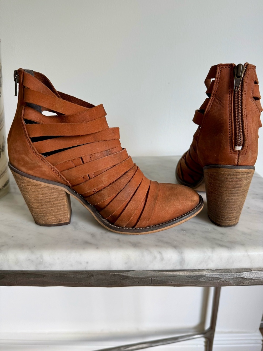 Free People Women’s Tan Strappy Leather Ankle Boots.. excellent condition